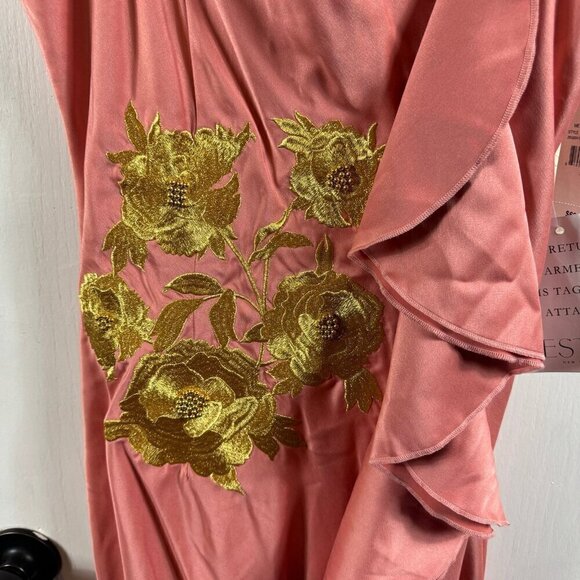 Mestiza New York Pink Satin Floral Appliqué Ruffle Gown Size 8 - Picture 7 of 12